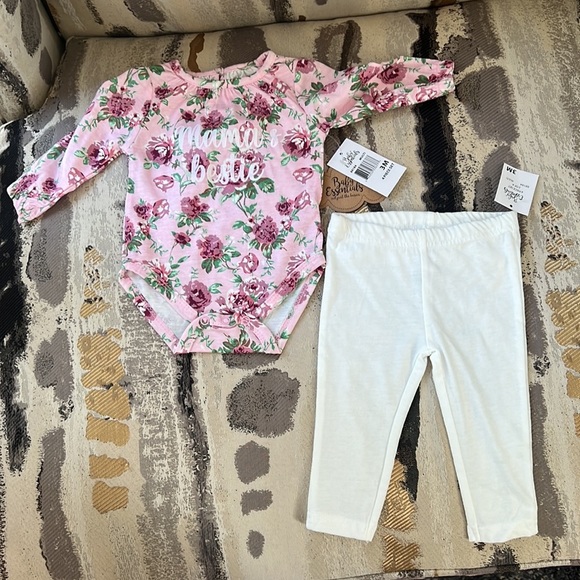 Baby Girl Pink Floral Mama’s Bestie Bodysuit Pants Headband Socks Set - Picture 4 of 7